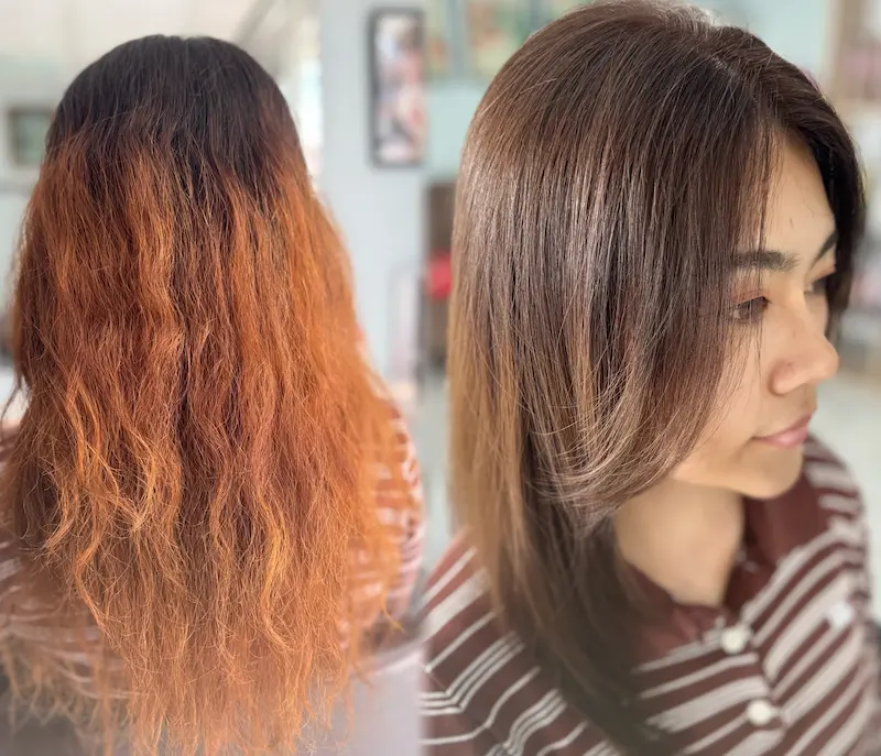 Hair straightening in Chiang Mai creating a dramatic hair transformation at Praewa's Beauty Salon in Chiang Mai, Thailand.